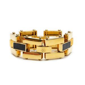 Ann Taylor Golden Link Chain Metal Bracelet with Black Leather Details